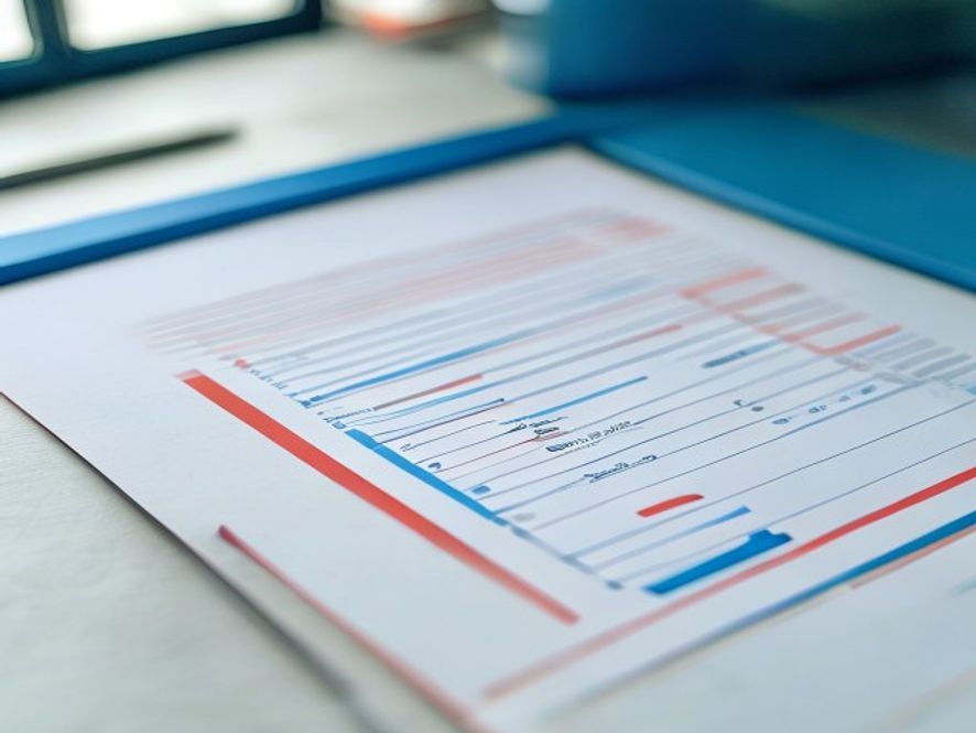 Notebook with framework diagram and pen on a marble desktop