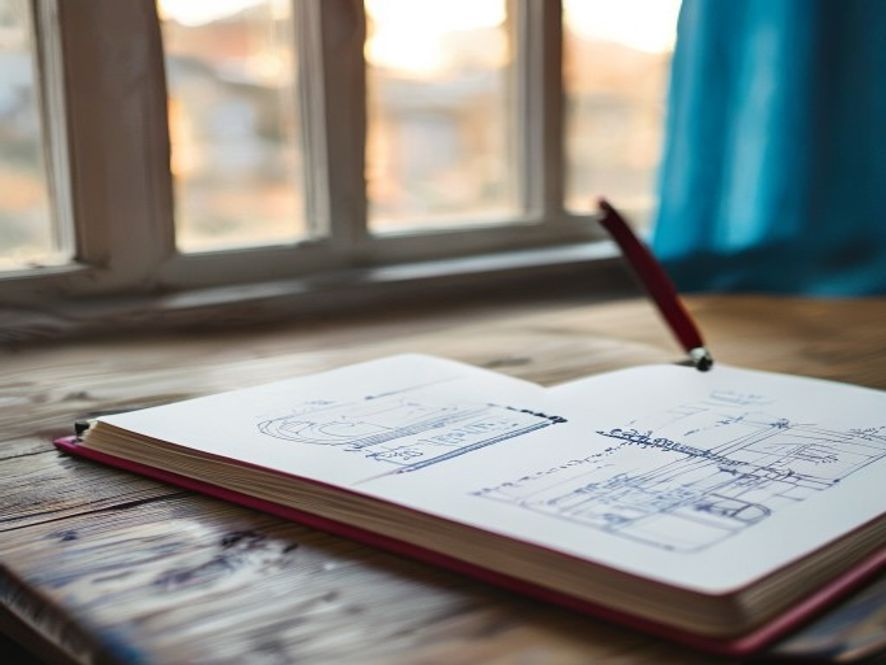 Open notebook with walking habit tracking chart and pen on wooden desk