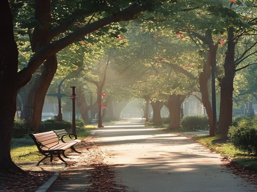 Person walking along a peaceful tree-lined path in early morning light