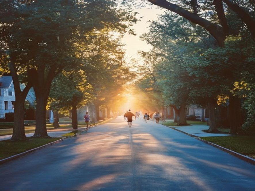 Sunrise over a suburban street lined with trees and morning light